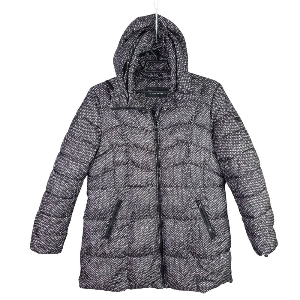 Womens Guess Hooded Black & White Puffer Coat Zip Pockets Polyester Size XXL